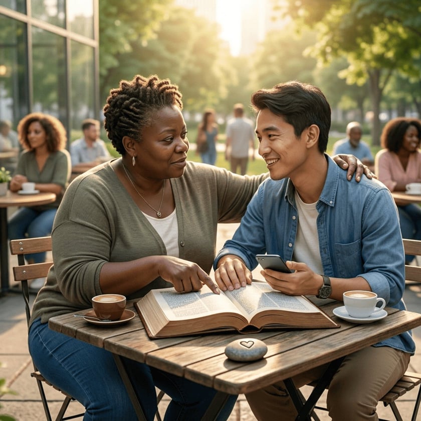 Mulher aponta um livro aberto a um jovem com celular, em café ao ar livre.