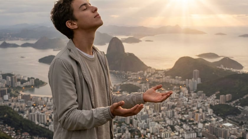 Jovem de jaqueta bege, olhos fechados e mãos abertas, em um morro sobre uma cidade litorânea.