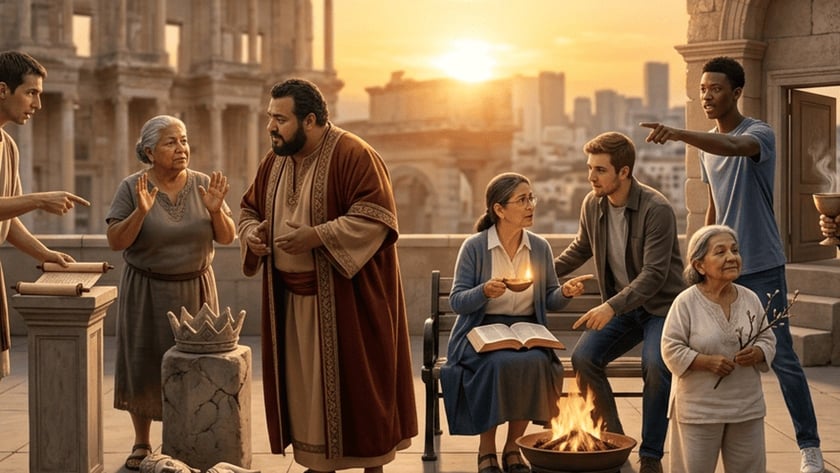 Pessoas em trajes antigos e modernos conversam e gesticulam num terreiro com ruínas ao pôr do sol.