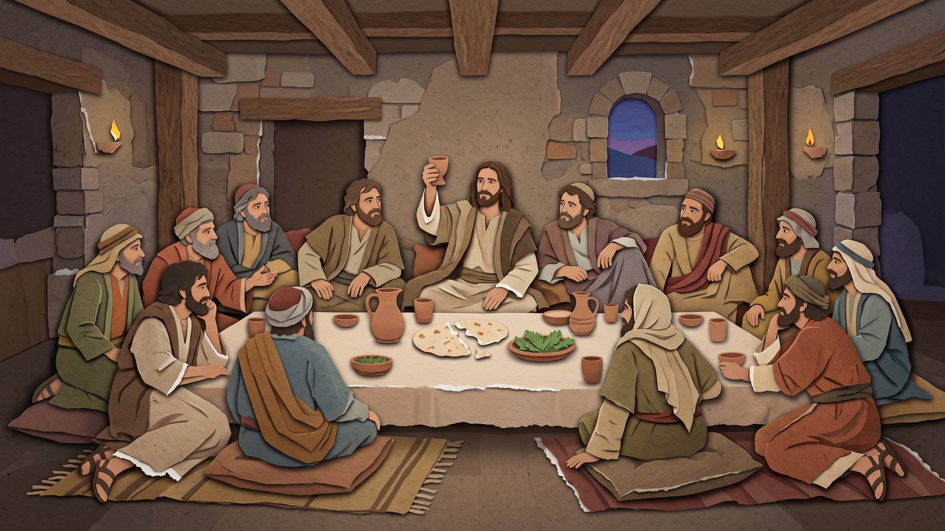 Treze homens sentados ao redor de uma mesa com pães e jarros; o do centro ergue um cálice.