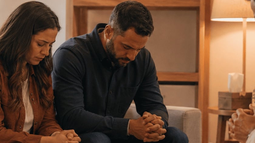 Dois homens sentados, de cabeça baixa e mãos unidas, rezam numa sala com uma Bíblia aberta.