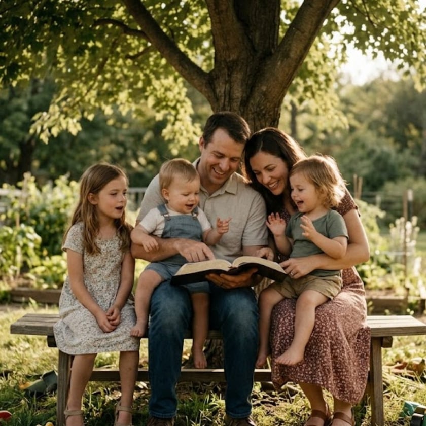 Casal sentado em um banco sob uma árvore lê um livro com duas crianças pequenas.