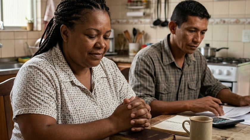 Mulher de mãos juntas e homem com calculadora sentados à mesa de uma cozinha.