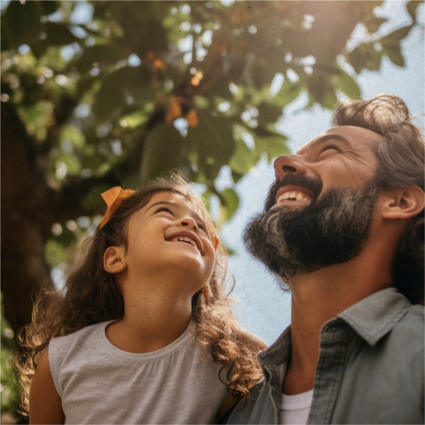 Homem barbudo e menina de cabelo cacheado olhando para cima, sob uma árvore.