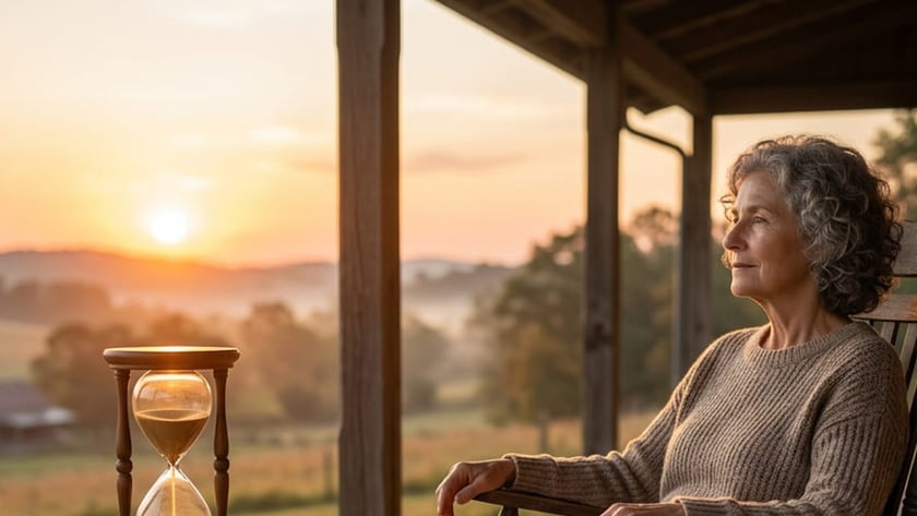 Mulher de cabelo grisalho cacheado, numa cadeira de balanço