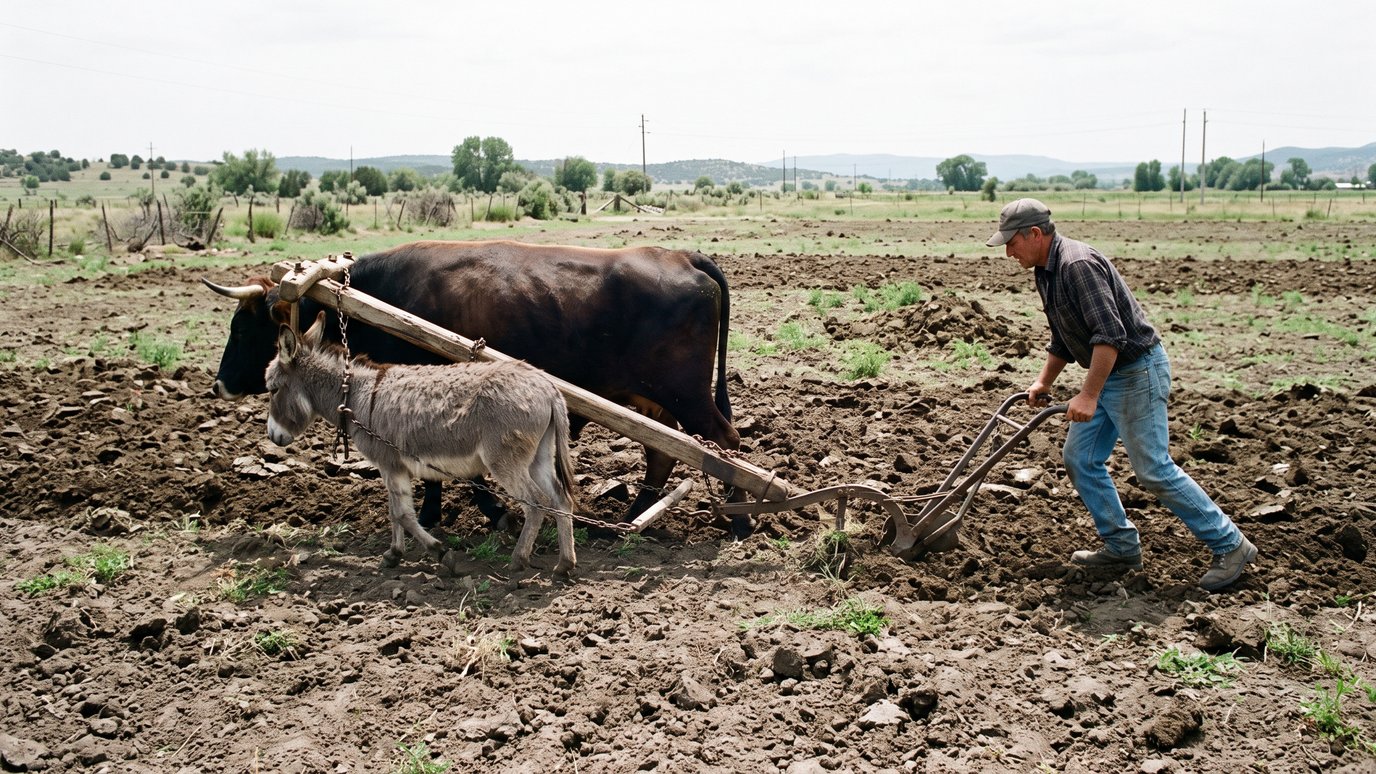 Homem de boné ara a terra com um arado de madeira puxado por um boi e um burro.