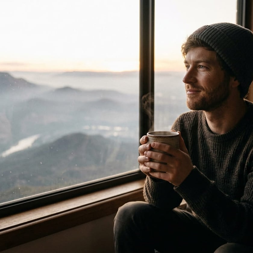 Homem de gorro segura uma caneca fumegante e olha pela janela para montanhas.