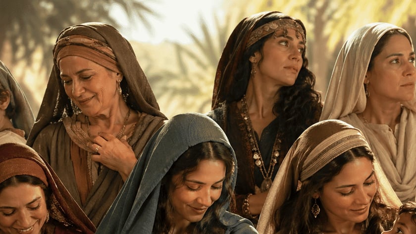 Mulheres com véus se reúnem ao ar livre; duas seguram um bebê e uma criança.