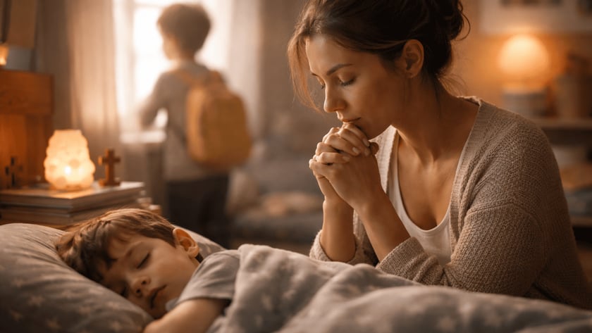 Mulher de mãos juntas e olhos fechados ao lado de um menino dormindo na cama.