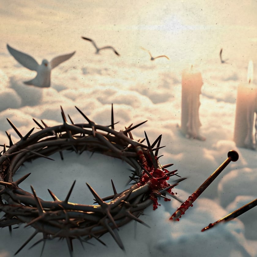 Coroa de espinhos e cravos com sangue sobre nuvens, com pombas e velas acesas ao fundo.