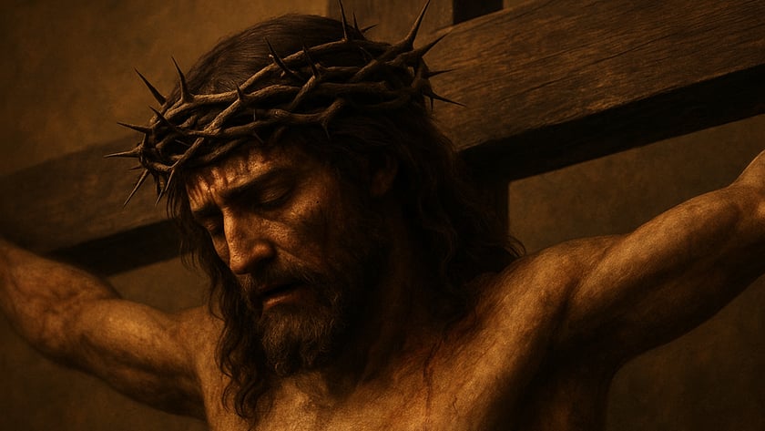 Homem barbado com coroa de espinhos, de olhos fechados, pregado em uma cruz de madeira.