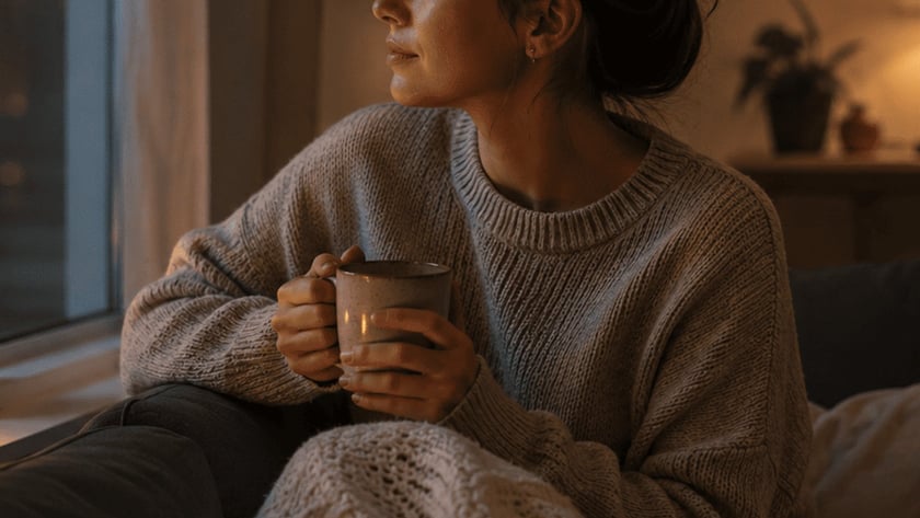 Mulher de suéter segura uma caneca e olha pela janela, ao lado de uma vela.