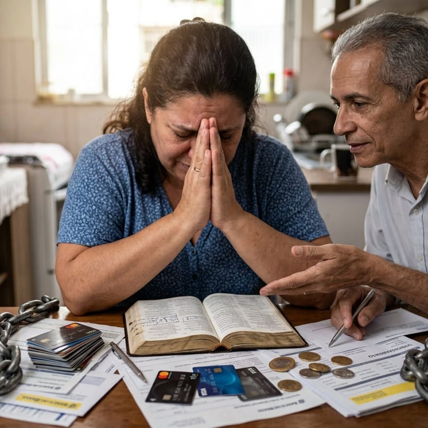 Mulher de mãos postas sobre uma Bíblia, cercada de contas e cartões, com um homem ao lado.
