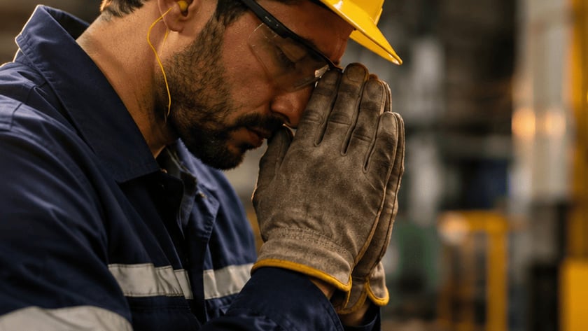 Operário de capacete amarelo e óculos de proteção encosta as mãos enluvadas no rosto, numa fábrica.