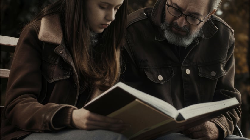 Uma jovem e um homem barbudo de óculos leem juntos um livro num banco.