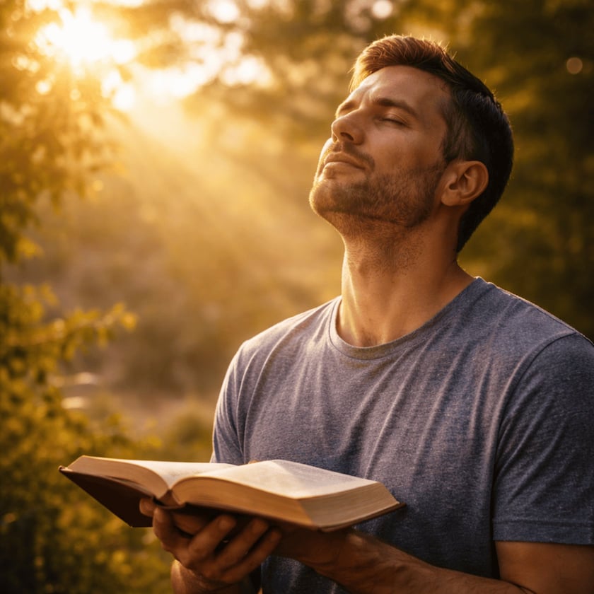 Homem de camiseta cinza, com a cabeça erguida e olhos fechados, segura um livro aberto ao ar livre.