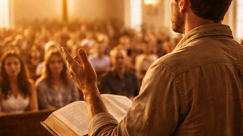 Homem de costas gesticula diante de uma congregação numa igreja, com uma Bíblia aberta no púlpito.