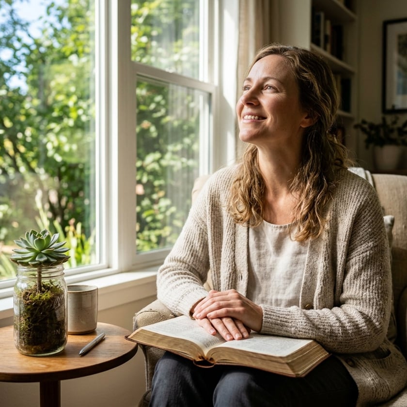 Mulher sorrindo em poltrona, com livro aberto no colo, olha pela janela.