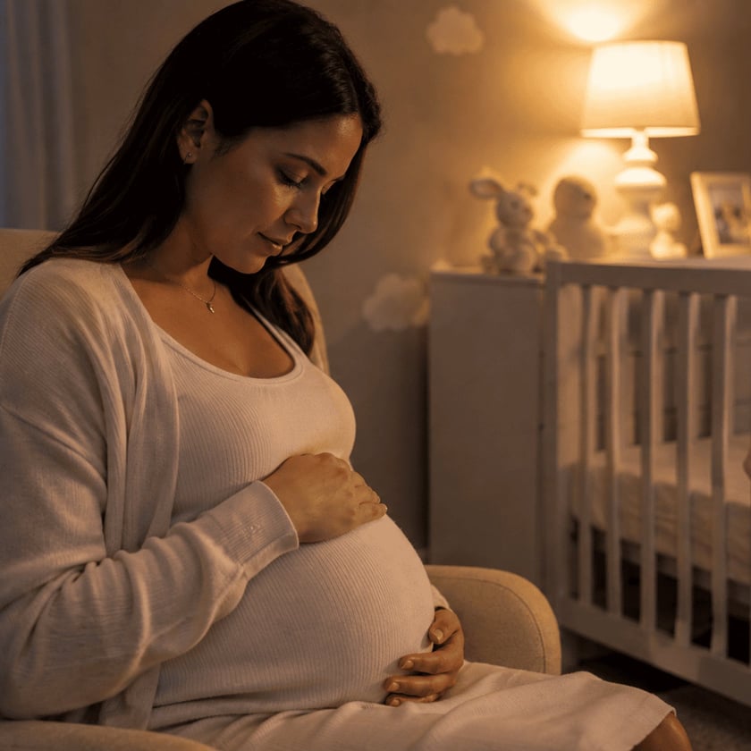 Mulher grávida sentada em poltrona, com as mãos na barriga, em quarto de bebê com berço.