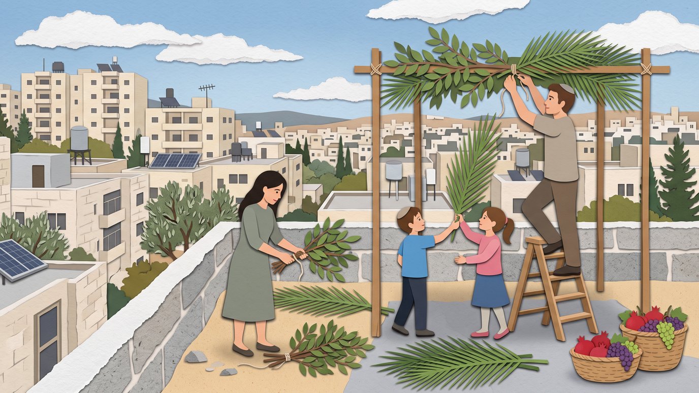 Família monta uma cabana com folhas de palmeira no terraço de um prédio, com cestas de frutas.