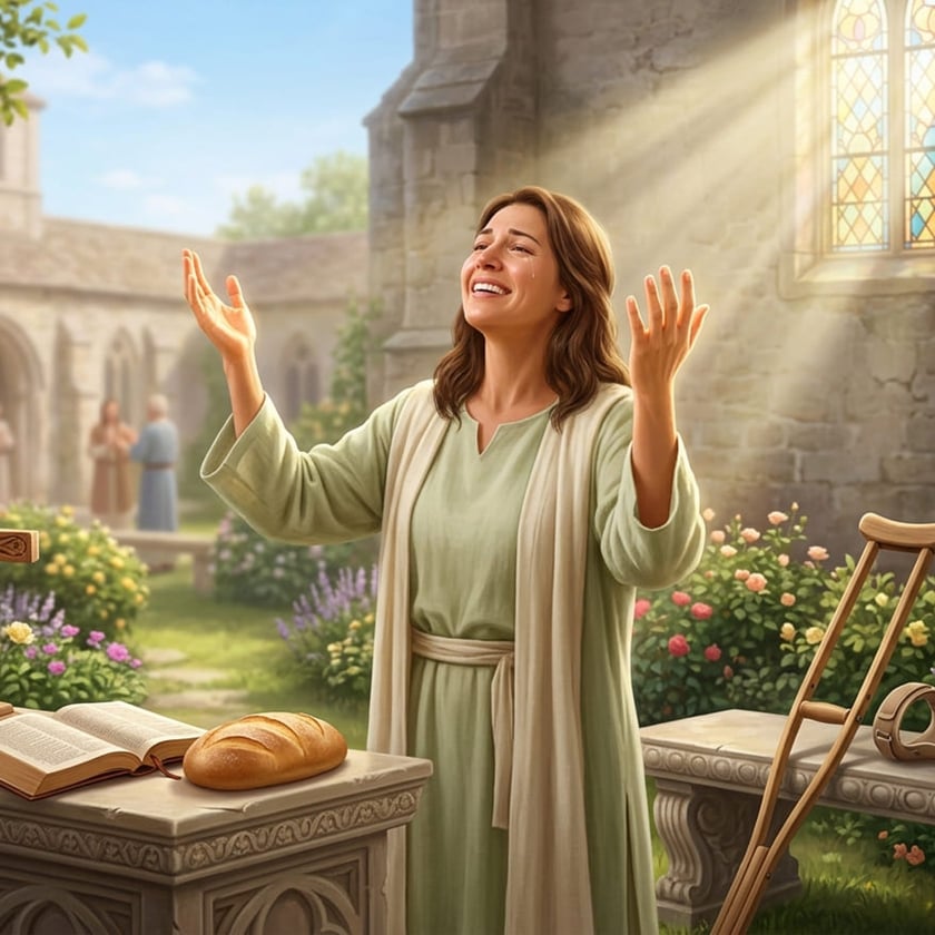 Mulher de túnica verde ergue as mãos em um jardim de igreja, perto de pão, Bíblia e muleta.