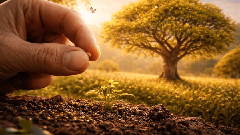 Mão segura uma semente sobre o solo, onde brota uma pequena planta com flores amarelas.