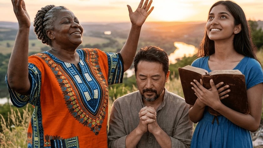 Três pessoas rezam ao pôr do sol em um morro: uma de braços erguidos, um ajoelhado, uma com Bíblia.