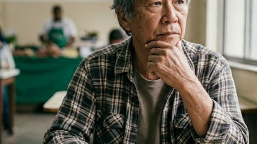 Homem idoso de camisa xadrez, sentado à mesa com um livro, olha pela janela.