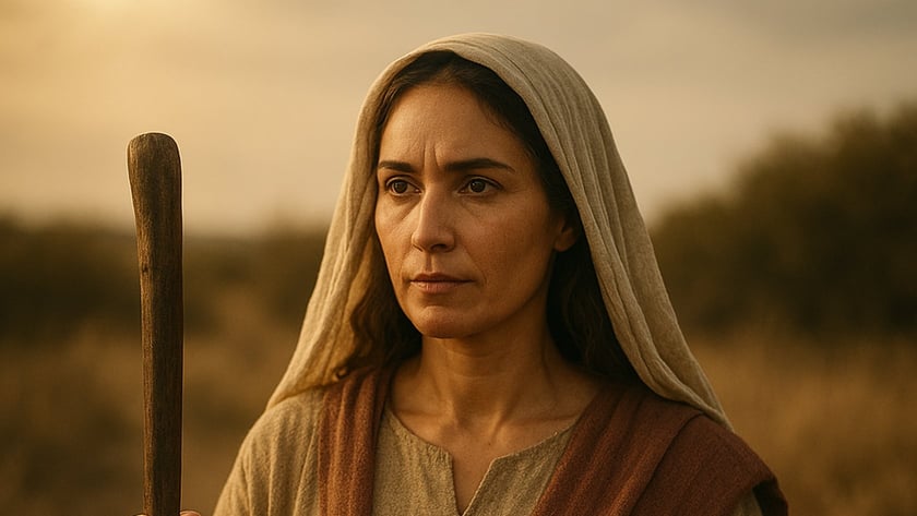 Mulher com manto na cabeça segura um cajado e um pergaminho enrolado ao ar livre.