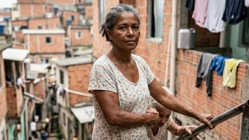 Mulher de vestido florido, com uma Bíblia no bolso, segura uma idosa numa escadaria de favela.