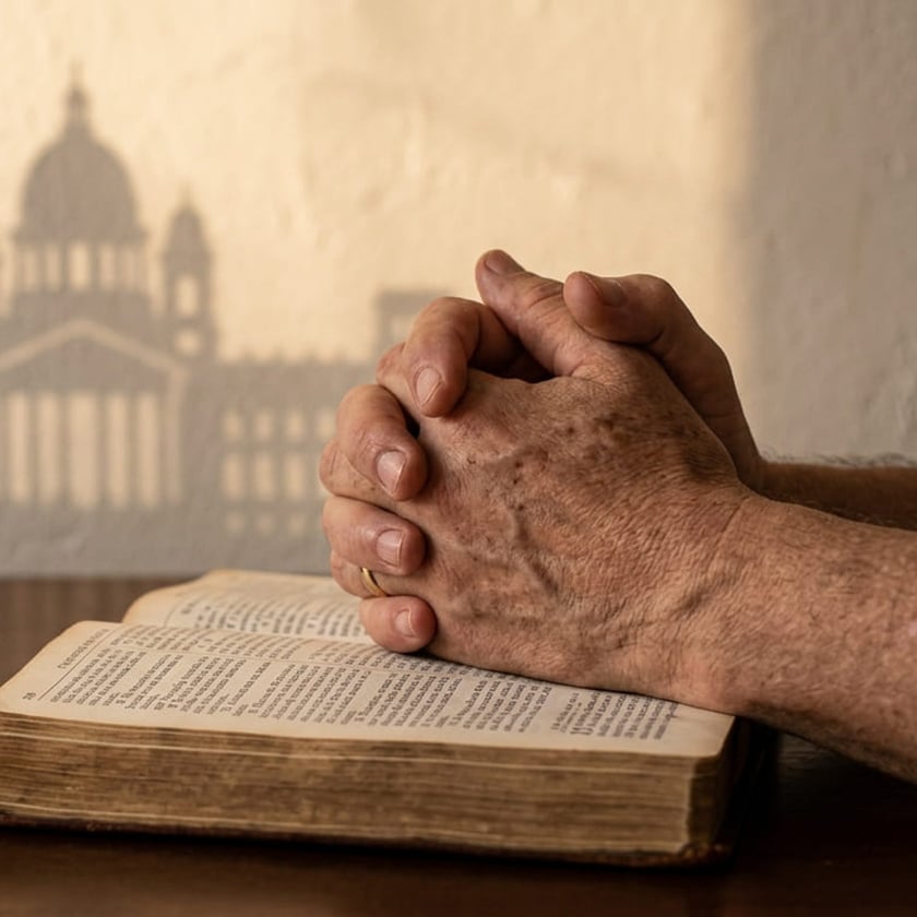 Mãos entrelaçadas de um idoso sobre uma Bíblia aberta, com sombra de catedral ao fundo.