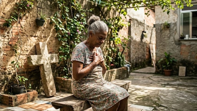 Idosa de vestido florido sentada num banco de madeira, com as mãos sobre o peito, em um quintal.