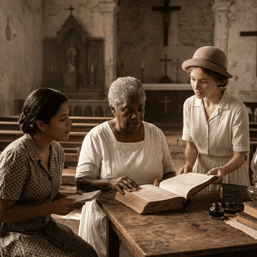 Três mulheres ao redor de uma mesa em uma igreja antiga, lendo uma Bíblia grande.