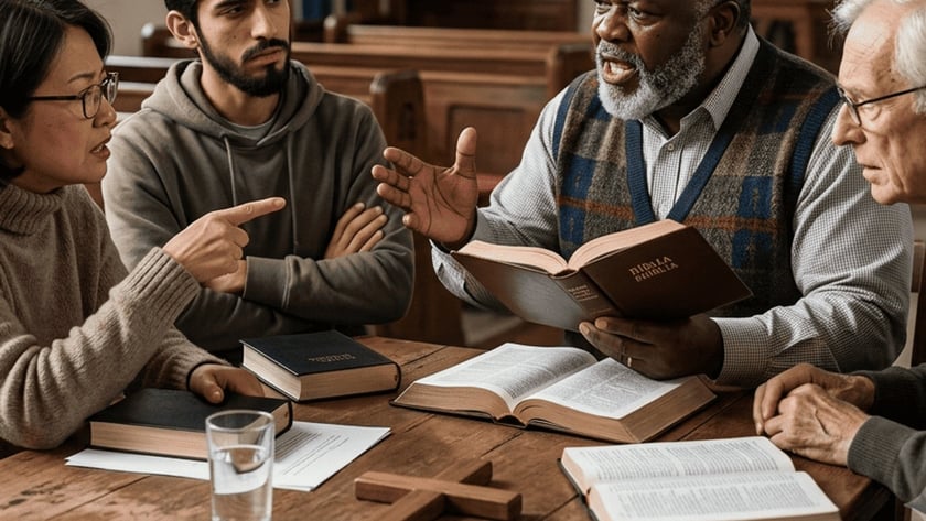 Três pessoas conversam em volta de uma mesa com Bíblias dentro de uma igreja.