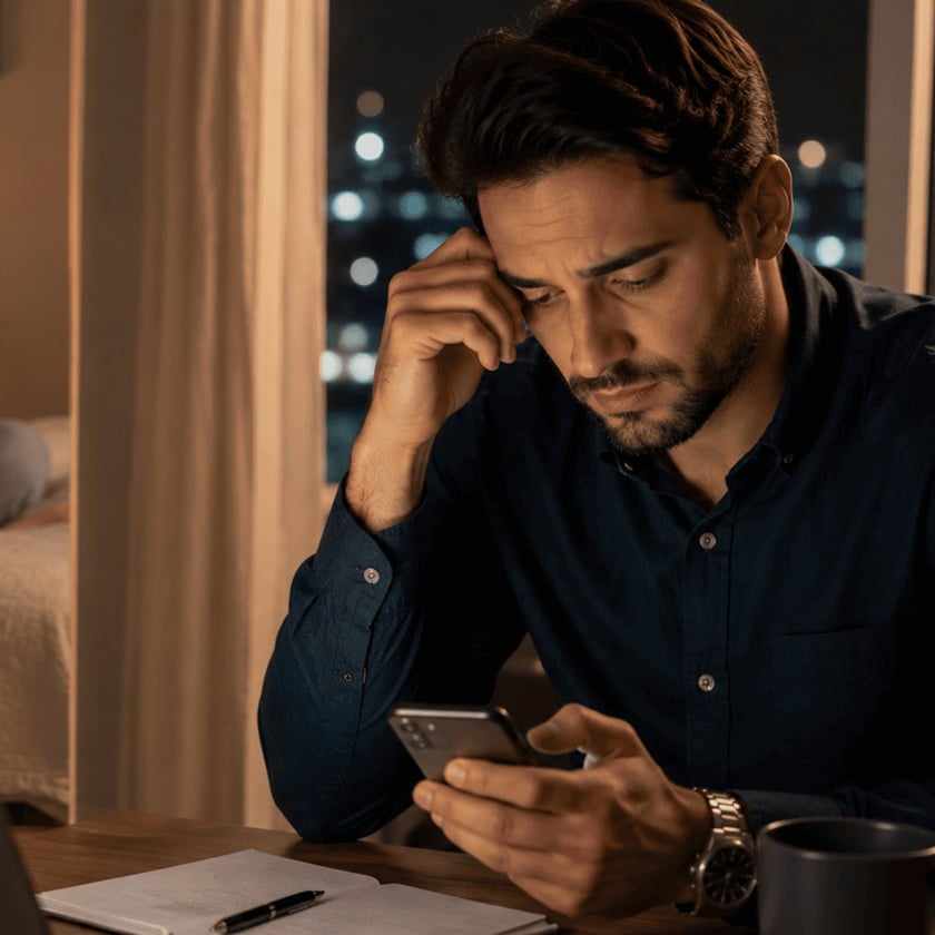 Homem de camisa escura olha o celular à mesa, com a mão na testa.