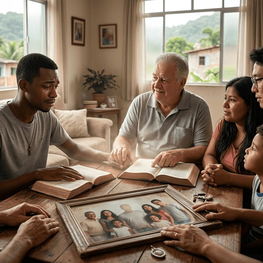 Família reunida em volta de uma mesa com Bíblias abertas e um retrato emoldurado, um jovem chora.