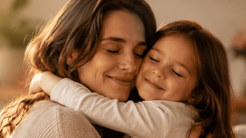 Mulher de cabelos castanhos abraça uma menina sorridente, ambas de olhos fechados, dentro de casa.