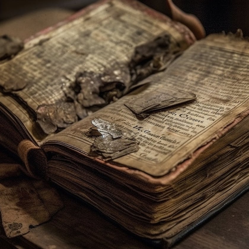 Livro antigo aberto sobre uma mesa, com páginas amareladas, rasgadas e queimadas nas bordas.