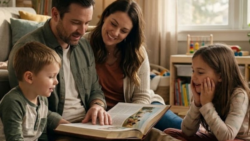 Família sentada no tapete da sala, olhando juntos um livro grande aberto.
