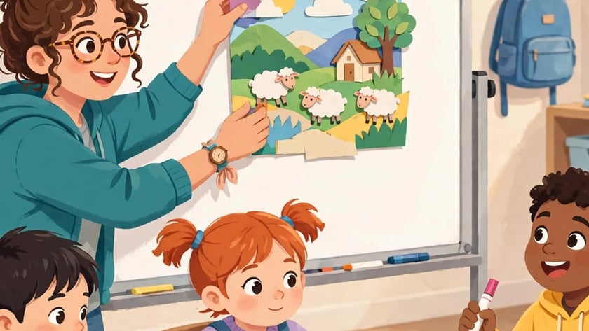 Professora prende colagem de ovelhas no quadro enquanto três crianças desenham em papéis coloridos
