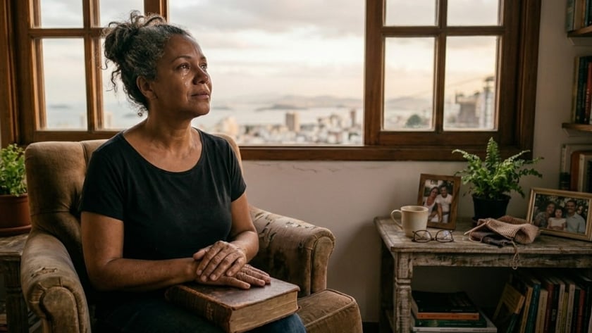 Mulher chorando em poltrona, com as mãos sobre um livro, olha pela janela.