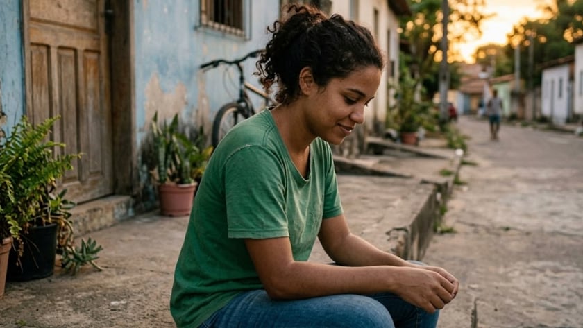 Mulher de cabelo cacheado e camiseta verde sentada na calçada, olhando para baixo