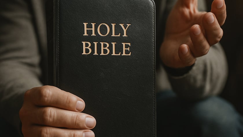 Homem de camiseta cinza segura uma Bíblia preta e gesticula com a outra mão: "HOLY BIBLE".