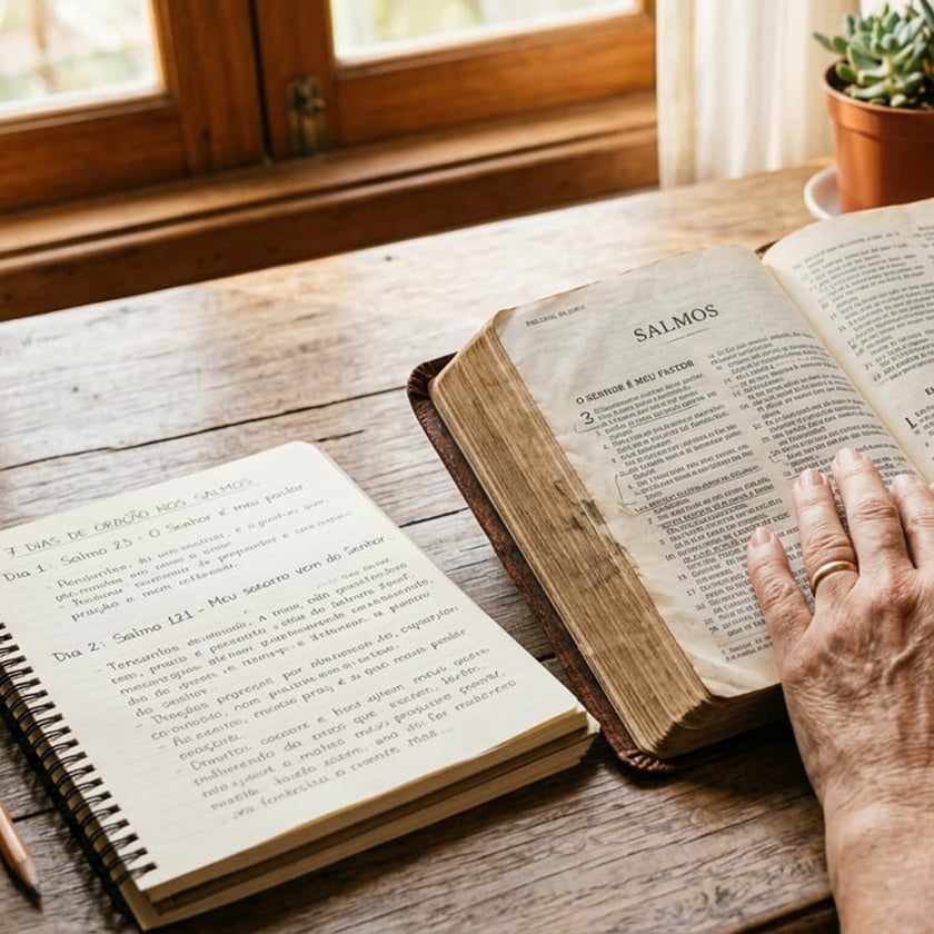 Mão de pessoa idosa sobre Bíblia aberta em "SALMOS", ao lado de caderno de anotações.