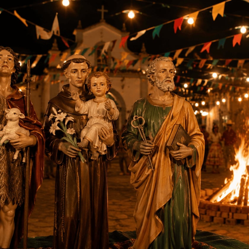 Duas estátuas de santos diante de uma fogueira em festa junina numa praça com bandeirinhas.