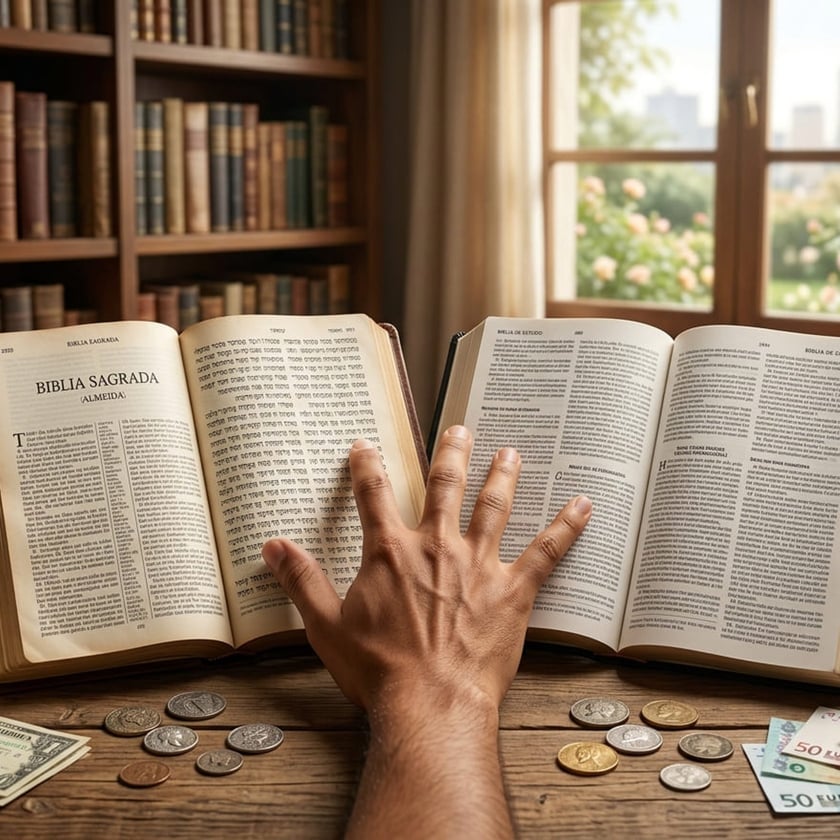 Mão sobre duas Bíblias abertas, com moedas e cédulas na mesa: "Bíblia Sagrada".