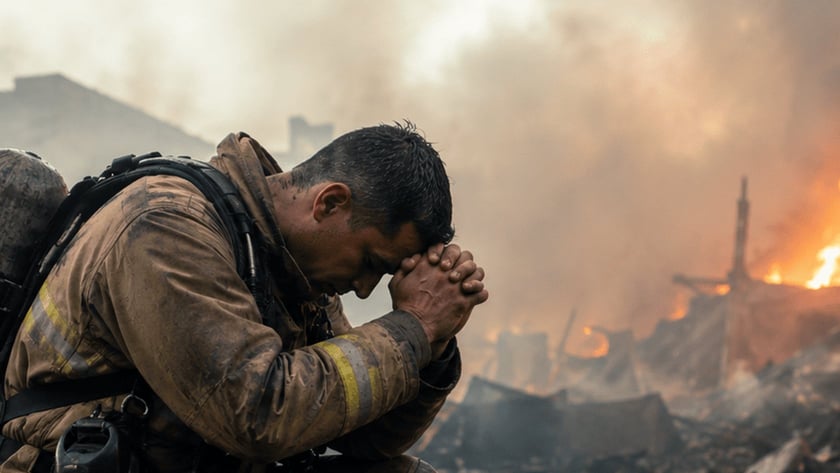 Bombeiro ajoelhado com as mãos unidas na testa, diante de escombros em chamas.