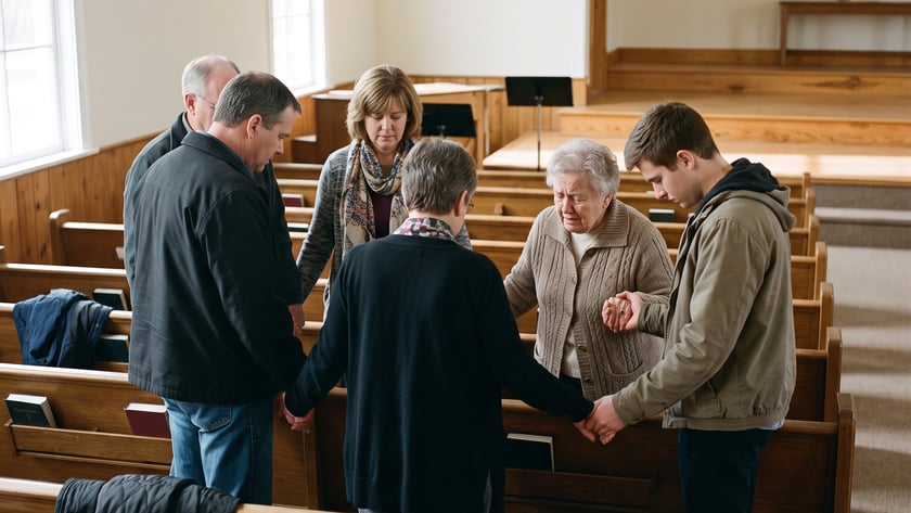 Cinco pessoas de mãos dadas em círculo, de cabeça baixa, entre os bancos de uma igreja.