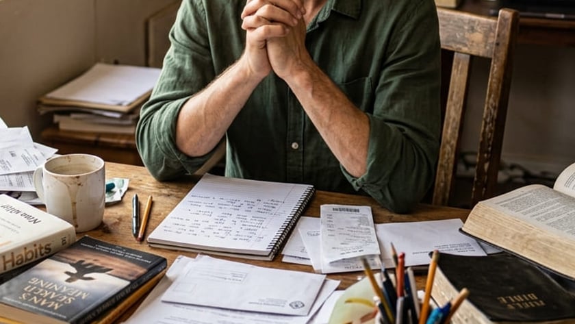 Homem de camisa verde, de olhos fechados e mãos juntas, sentado à mesa cheia de papéis e livros.