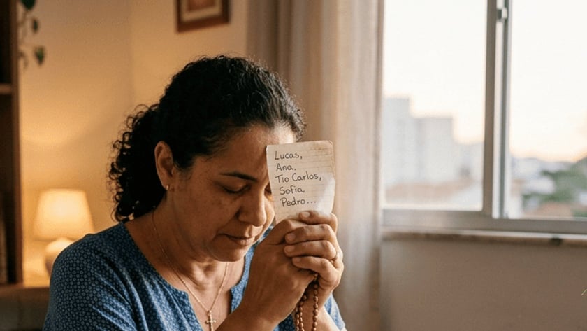 Mulher reza com terço e bilhete de nomes diante de uma Bíblia aberta.